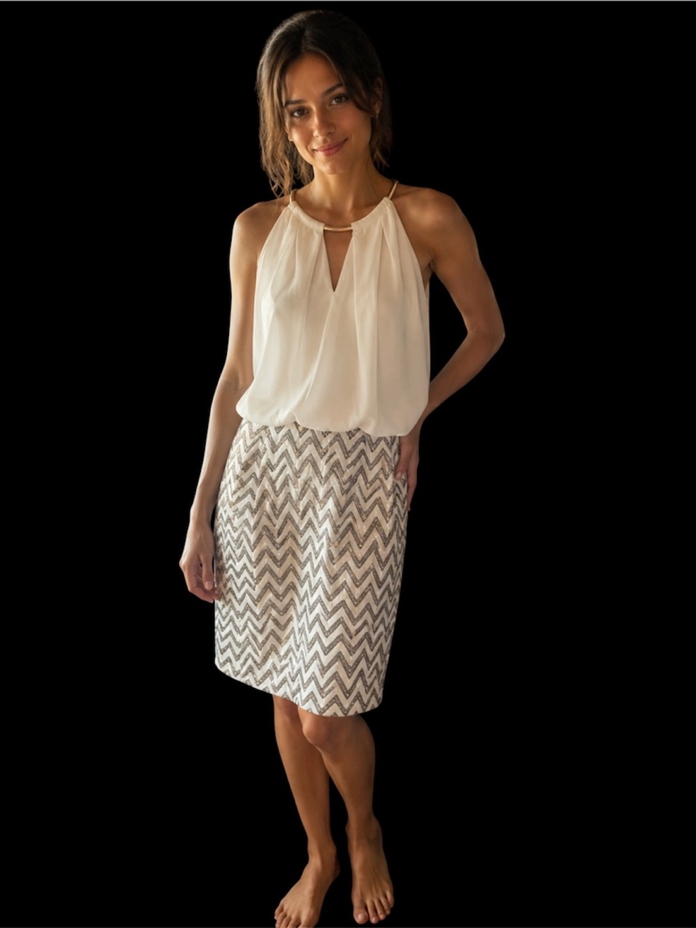 Guess Cream Halter Top with Silver Chevron Sequin Skirt